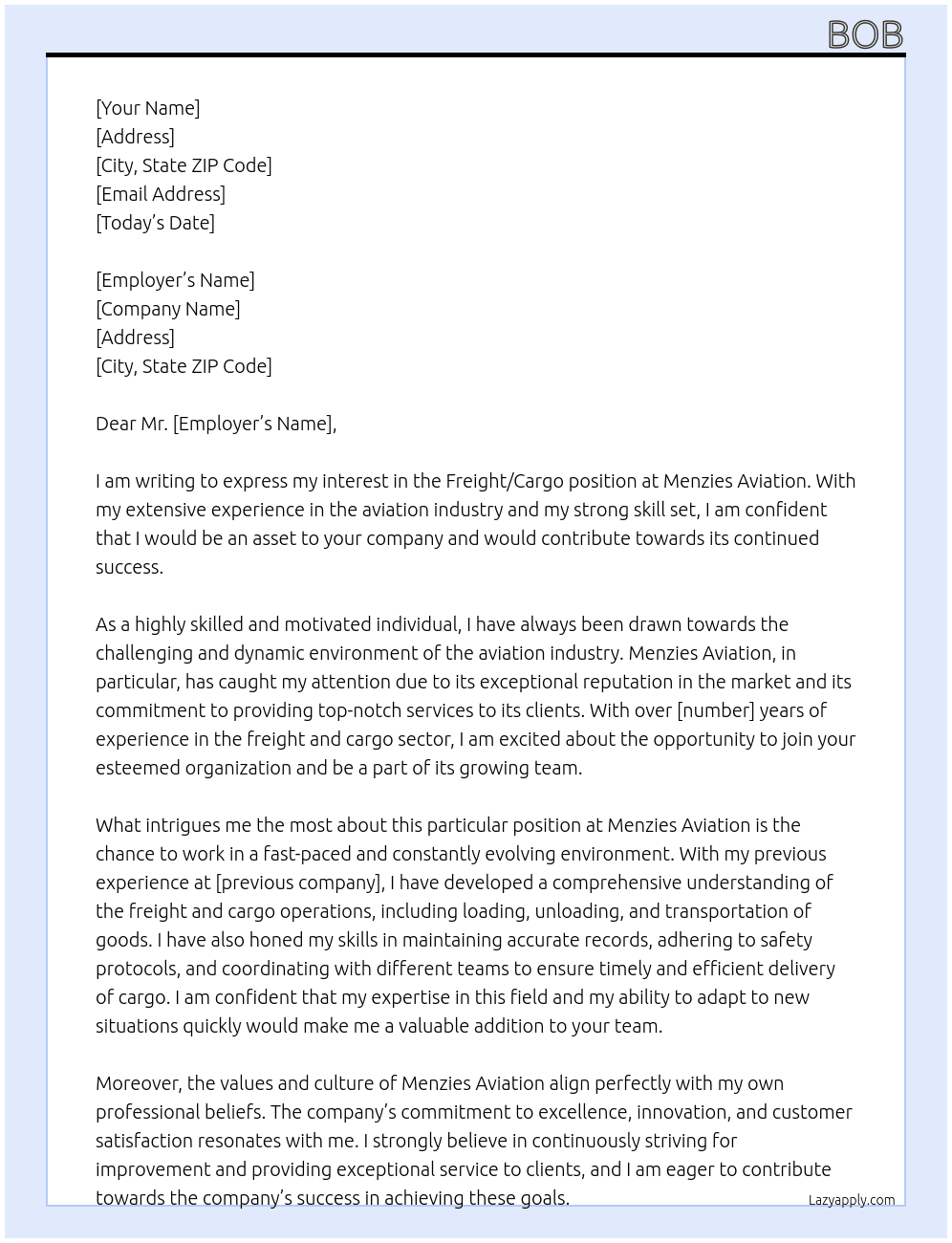 Freight/Cargo At Menzies Avaiation Cover Letter
