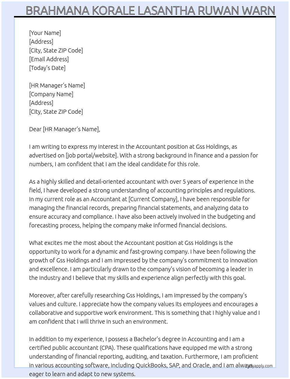 Accountant At Gss Holdings Cover Letter