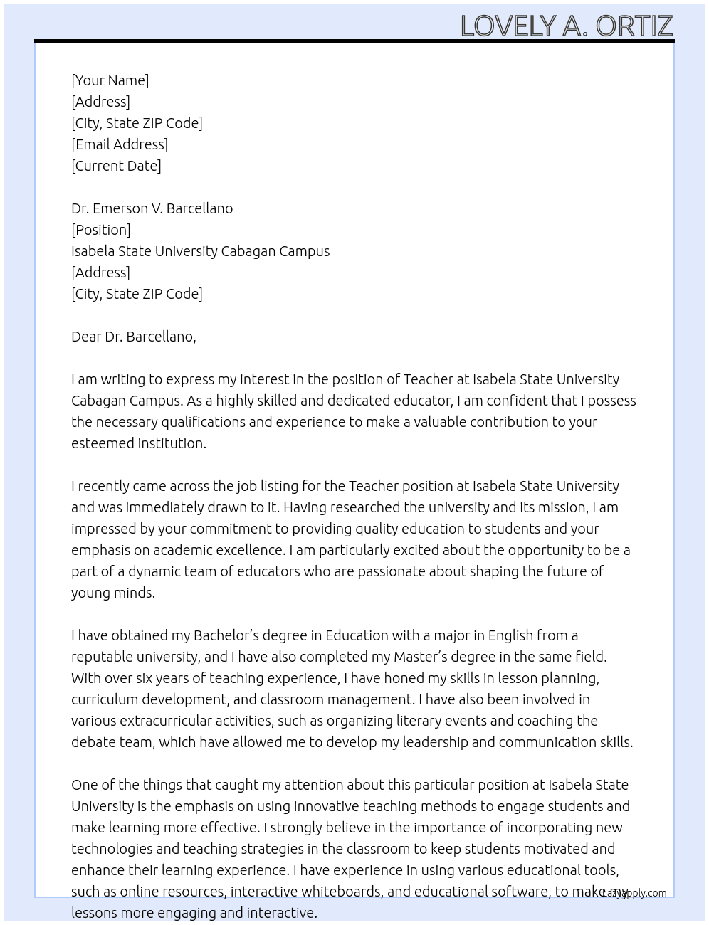 Teacher At ISABELA STATE UNIVERSITY CABAGAN CAMPUS Cover Letter