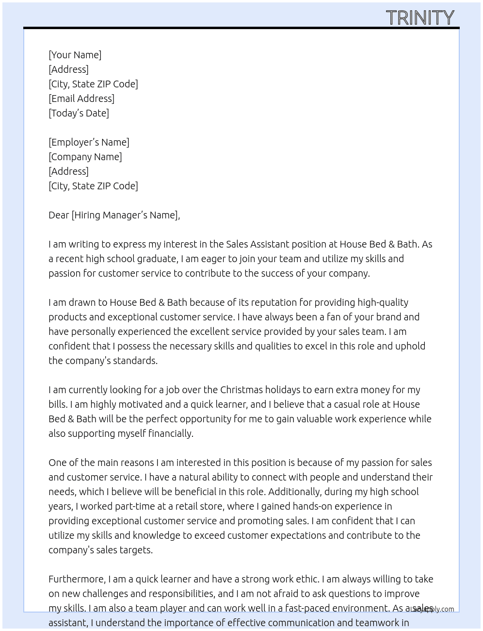 Sales assistant  At House bed & bath Cover Letter