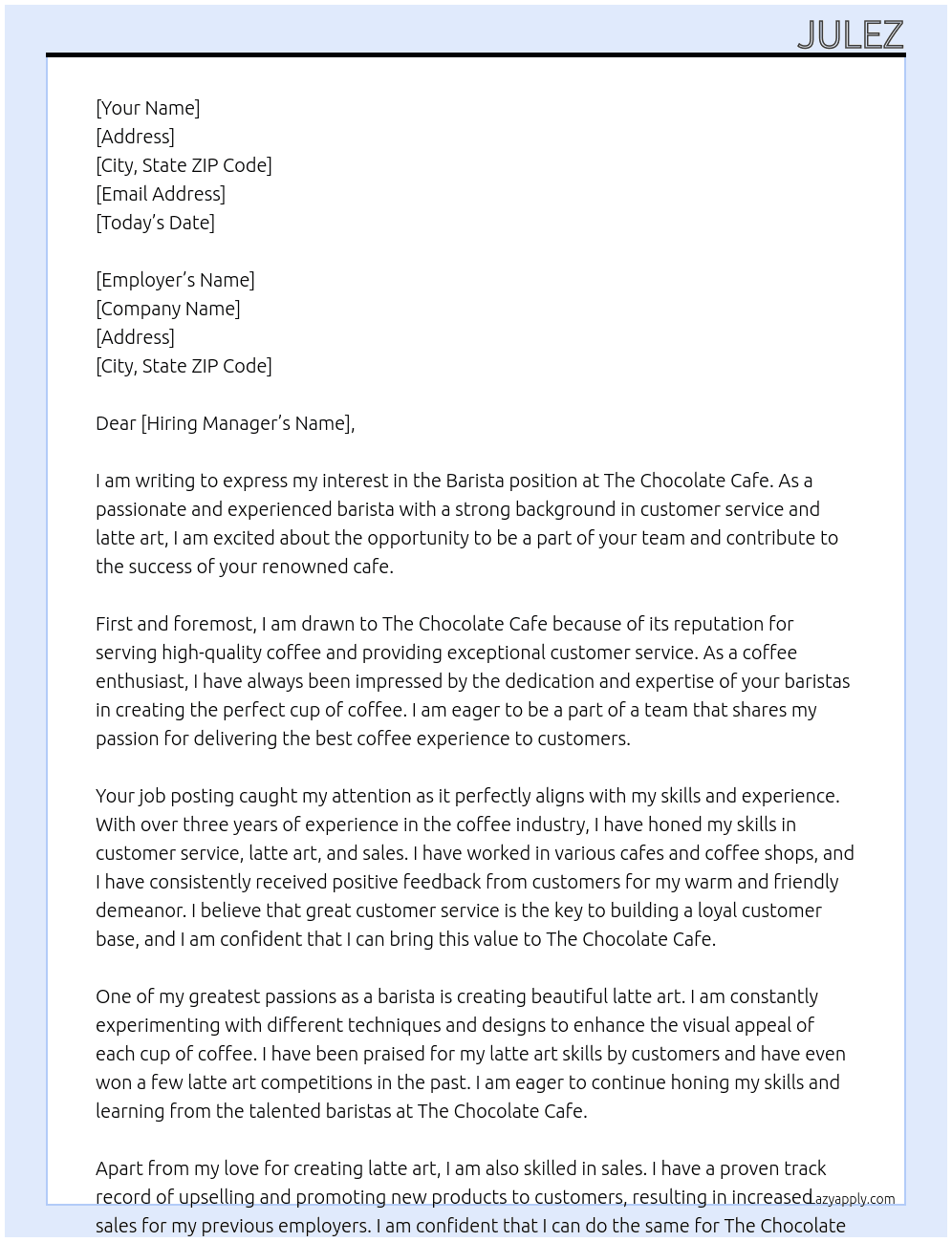 Barista At The Chocolate Cafe Cover Letter