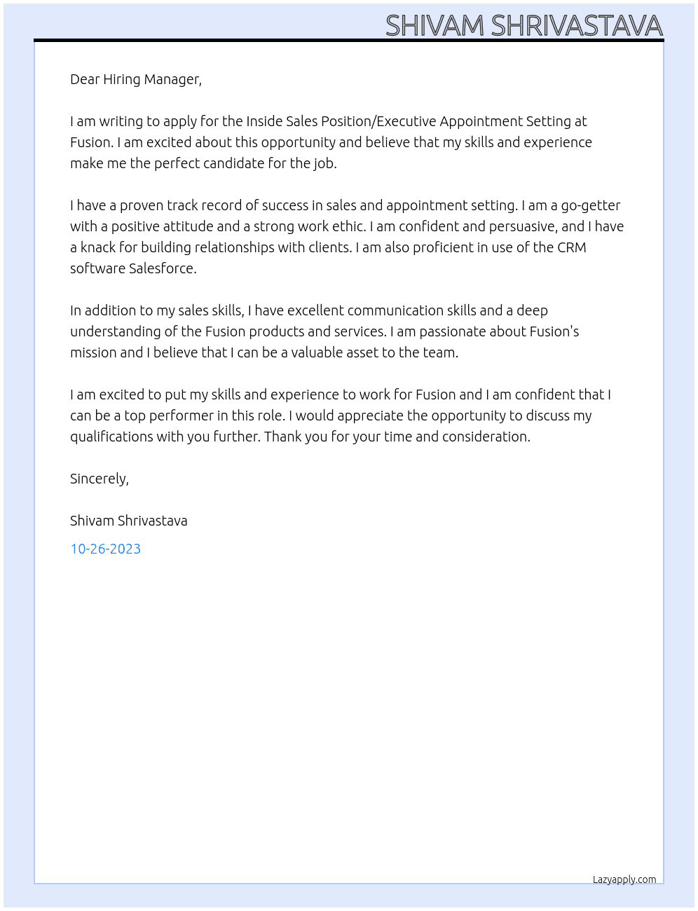 Inside Sales Position/Executive Appointment Setting At FUSION Cover Letter