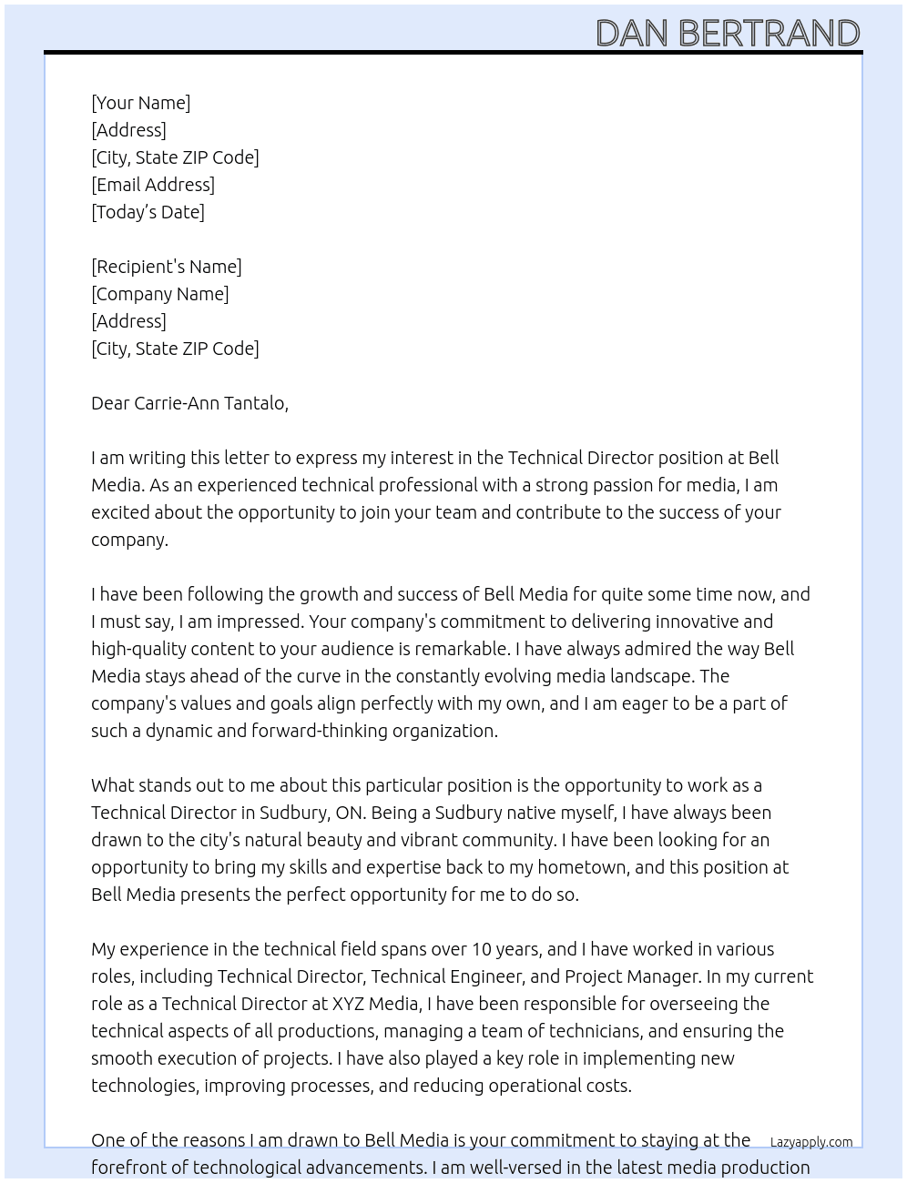 Technical Director At Bell Media Cover Letter