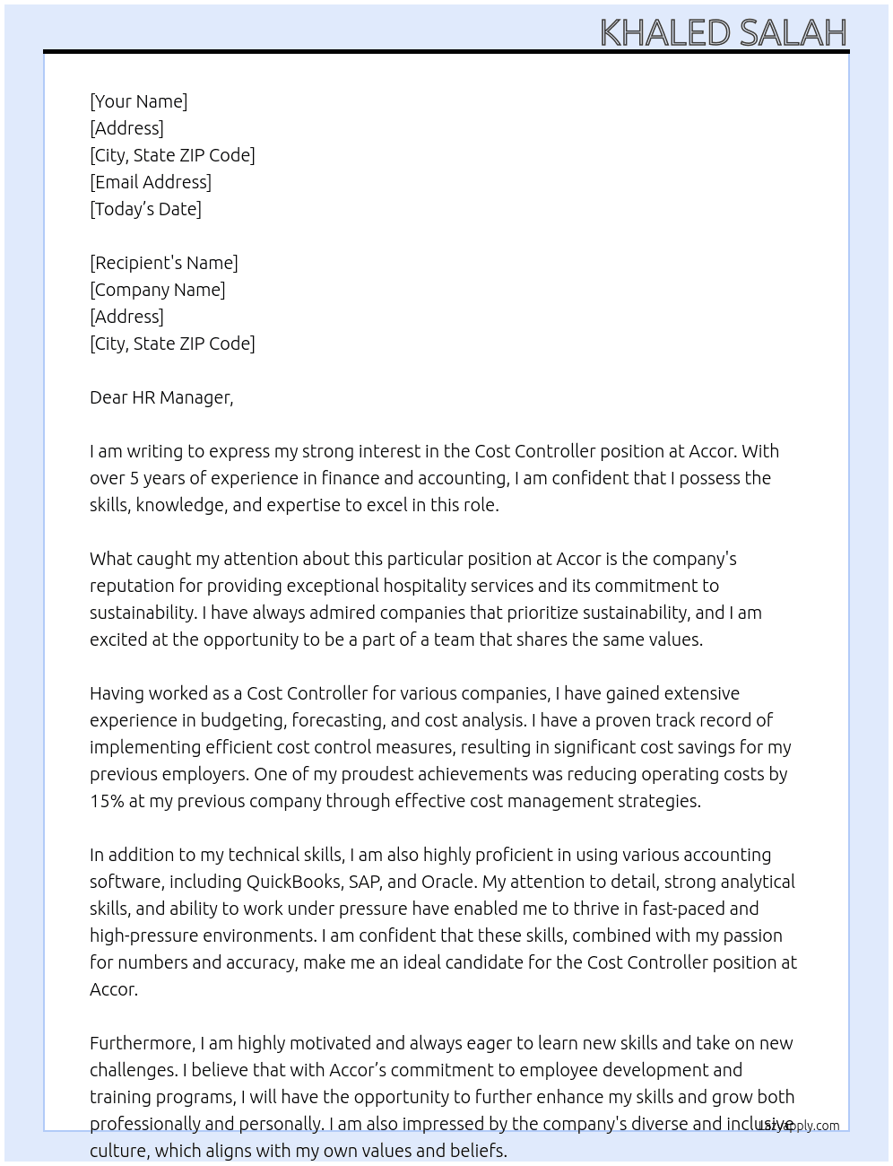 cost controller At accor Cover Letter