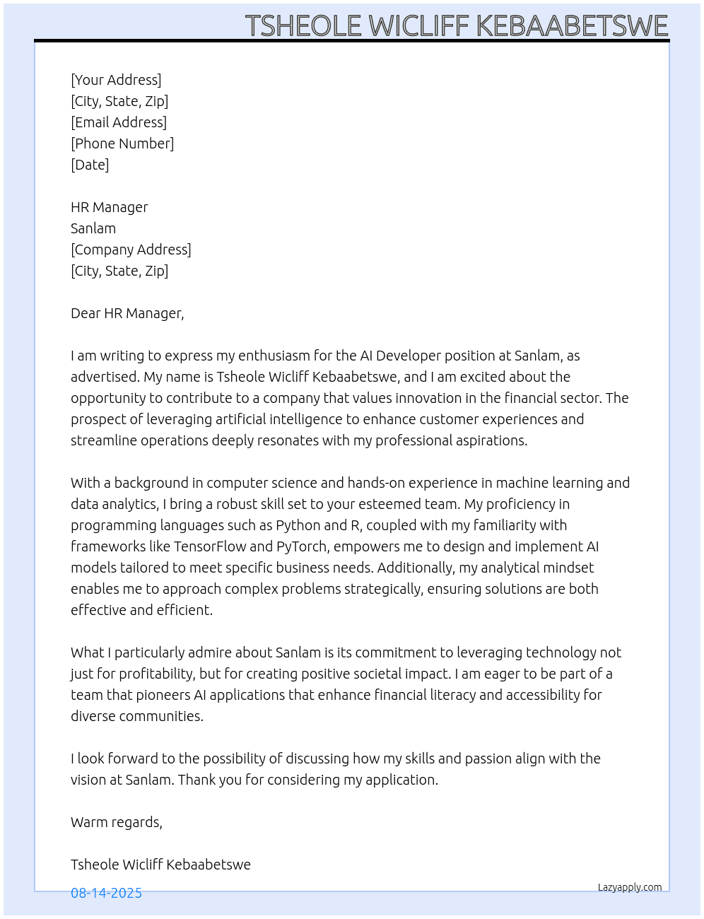 AI developer At Sanlam Cover Letter