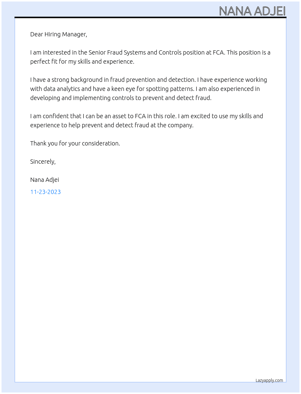 Senior Fraud Systems and Controls At FCA Cover Letter