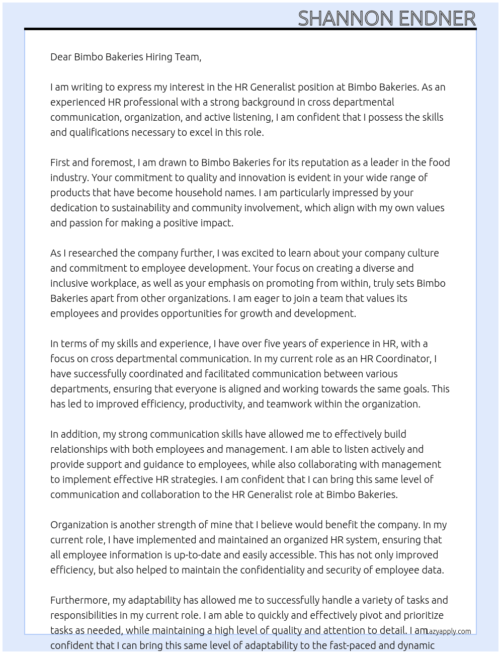 HR Generalist At Bimbo Bakeries Cover Letter