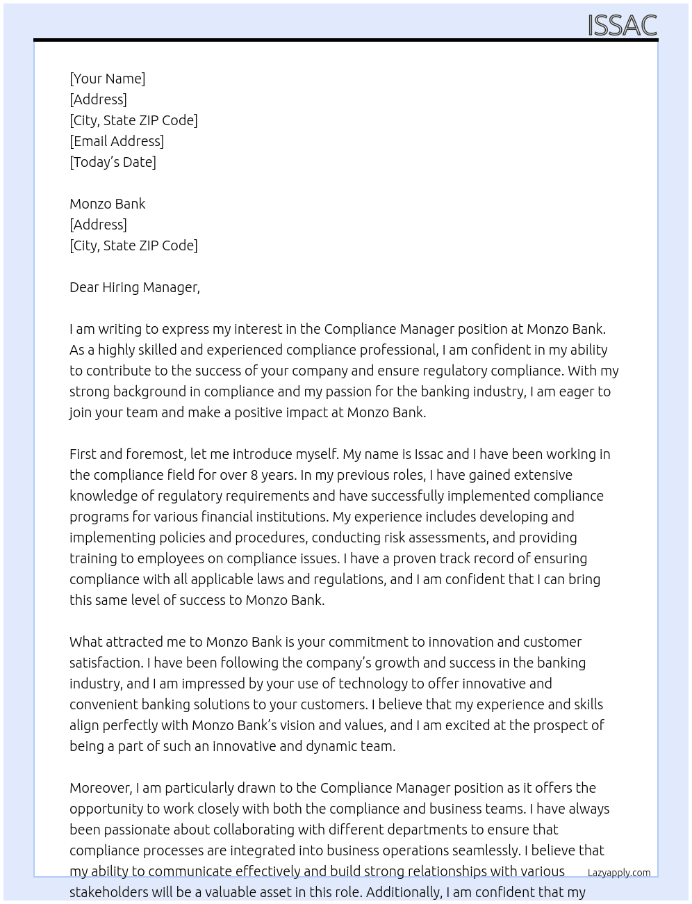 Compliance Manager At Monzo Bank Cover Letter