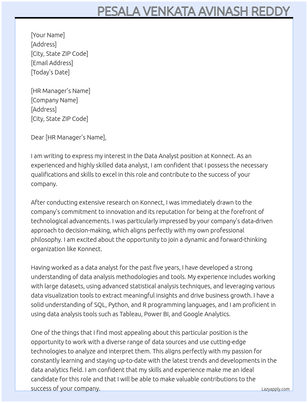 Data Analyst At Konnect Cover Letter