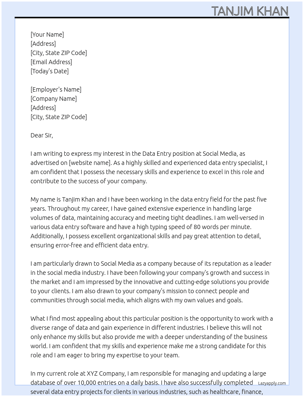 Data Entry At Social Media Cover Letter