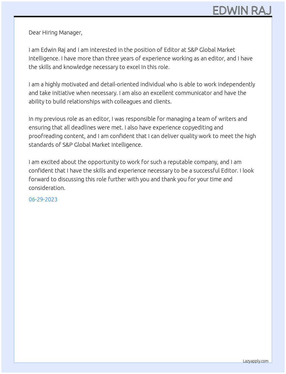 Editor  At S&P Global Market Intelligence Cover Letter
