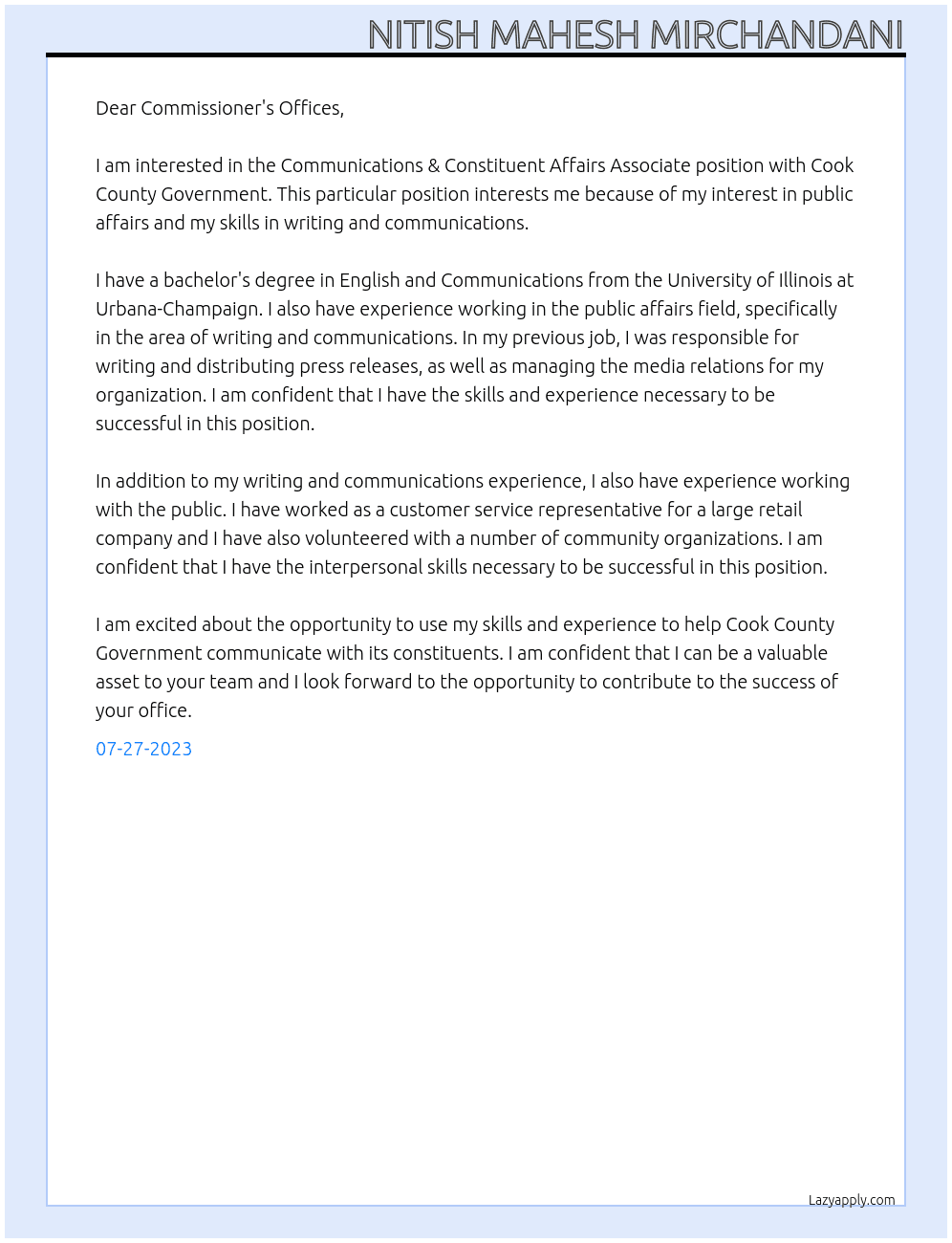 Communications & Constituent Affairs Assocaite At Cook County Government Cover Letter
