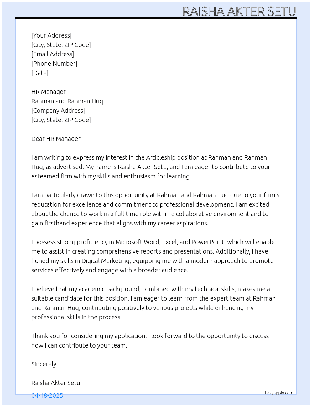 Articleship  At Rahman and Rahman Huq Cover Letter
