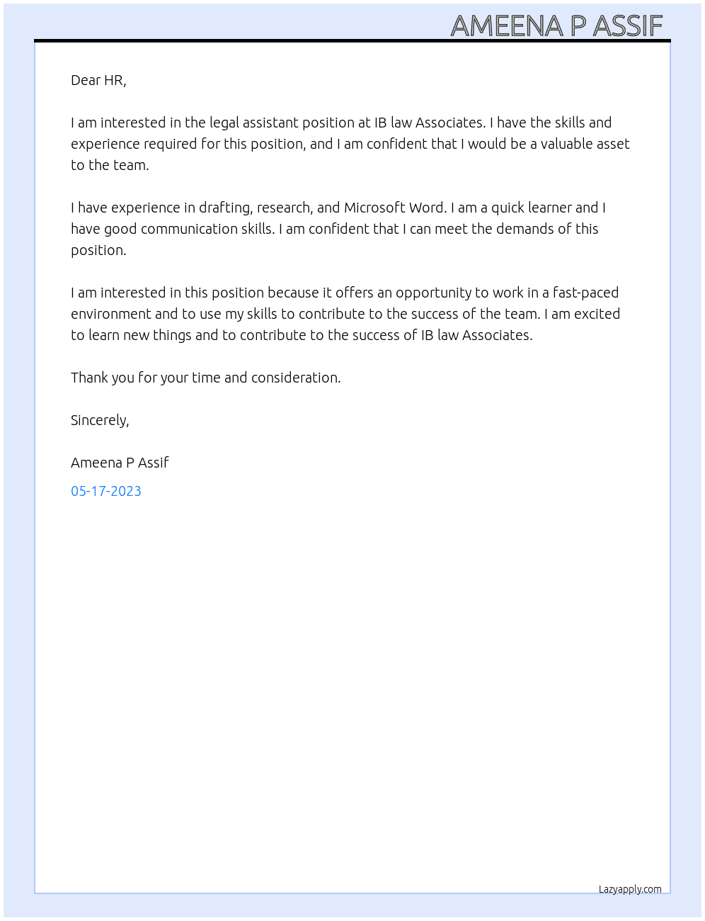 Legal Assistant  At IB law Associates  Cover Letter