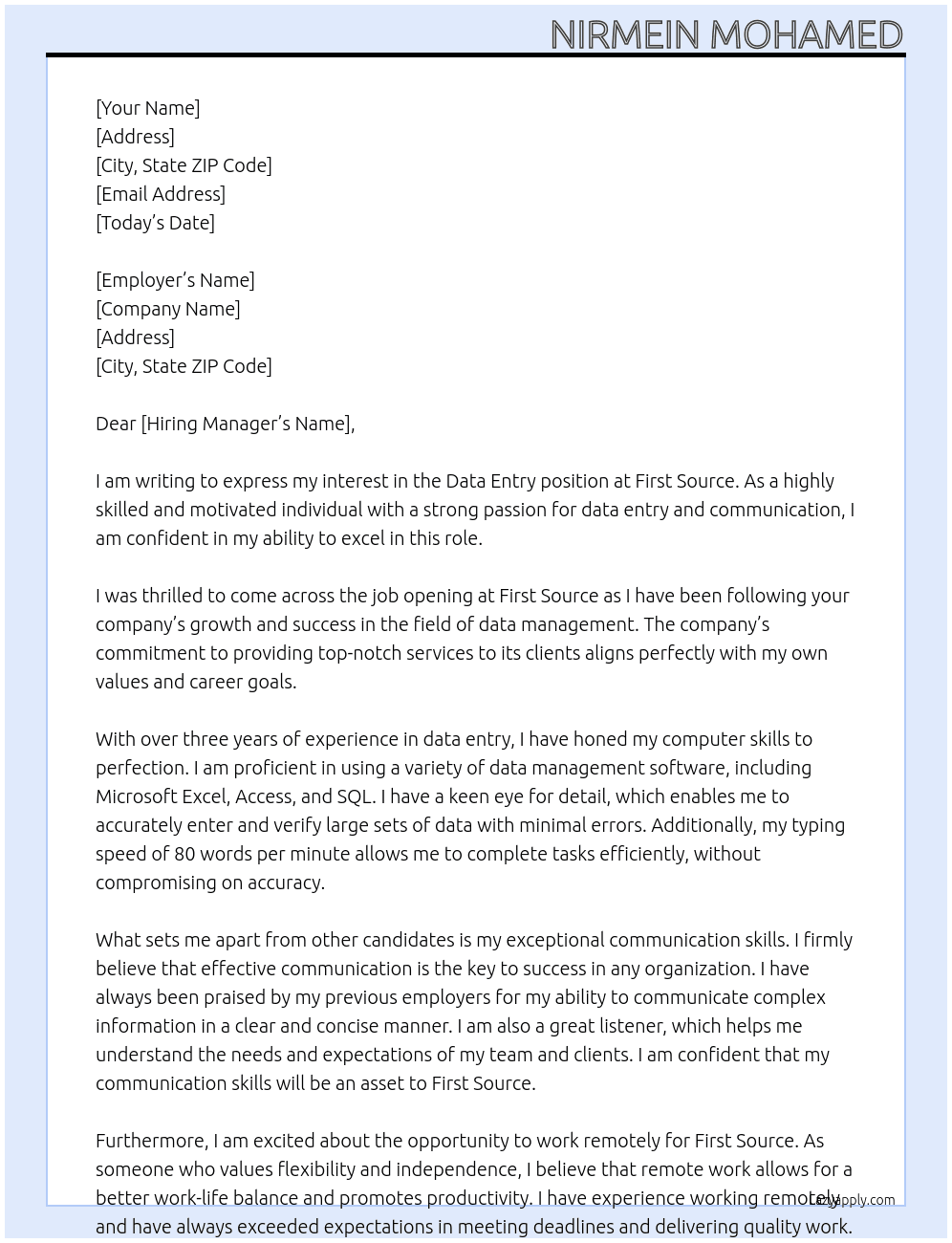 Data entry At First source Cover Letter