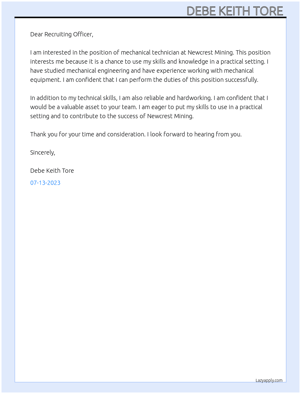 MECHANICAL TECHNICIAN  At Newcrest Mining Cover Letter