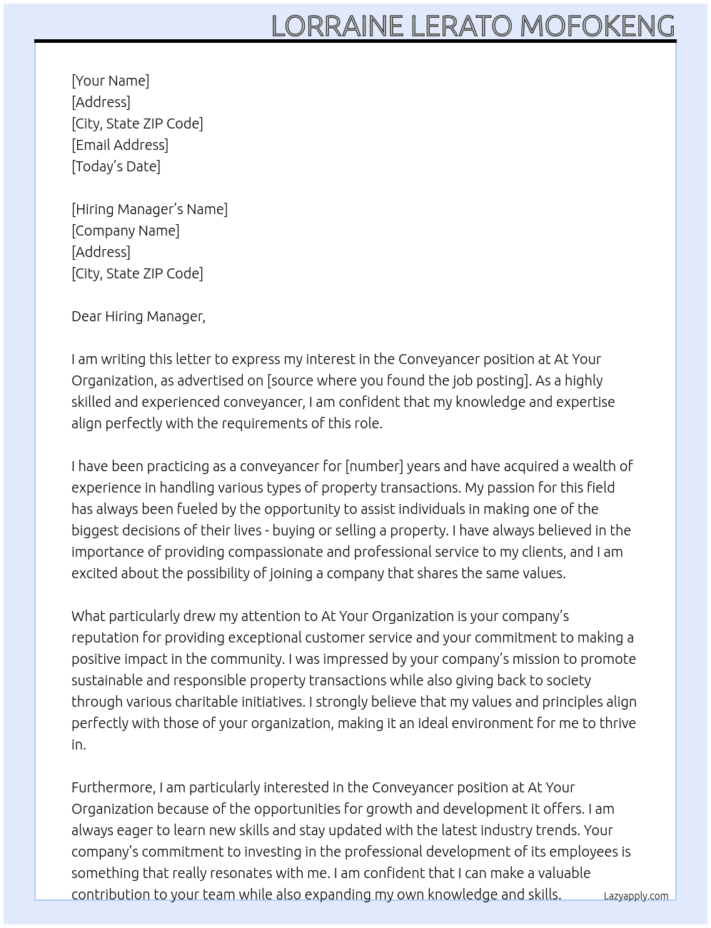 Conveyancer  At At your organization  Cover Letter