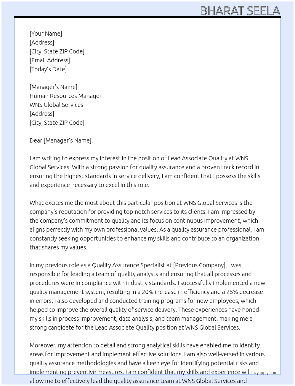 Lead Associate Quality At WNS Global Services Cover Letter