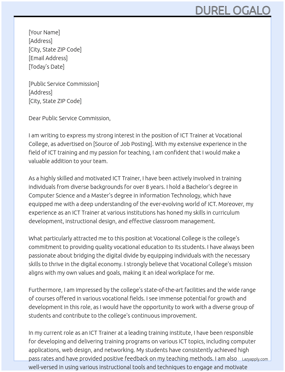 ICT TRAINER At VOCATIONAL COLLEGE Cover Letter