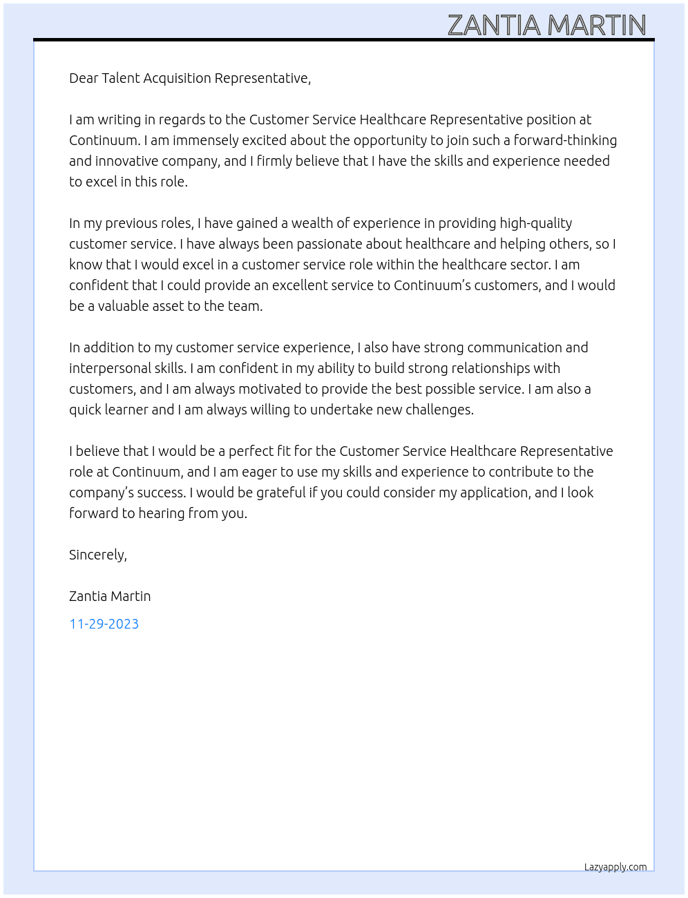 Customer service healthcare representative  At Continuum Cover Letter