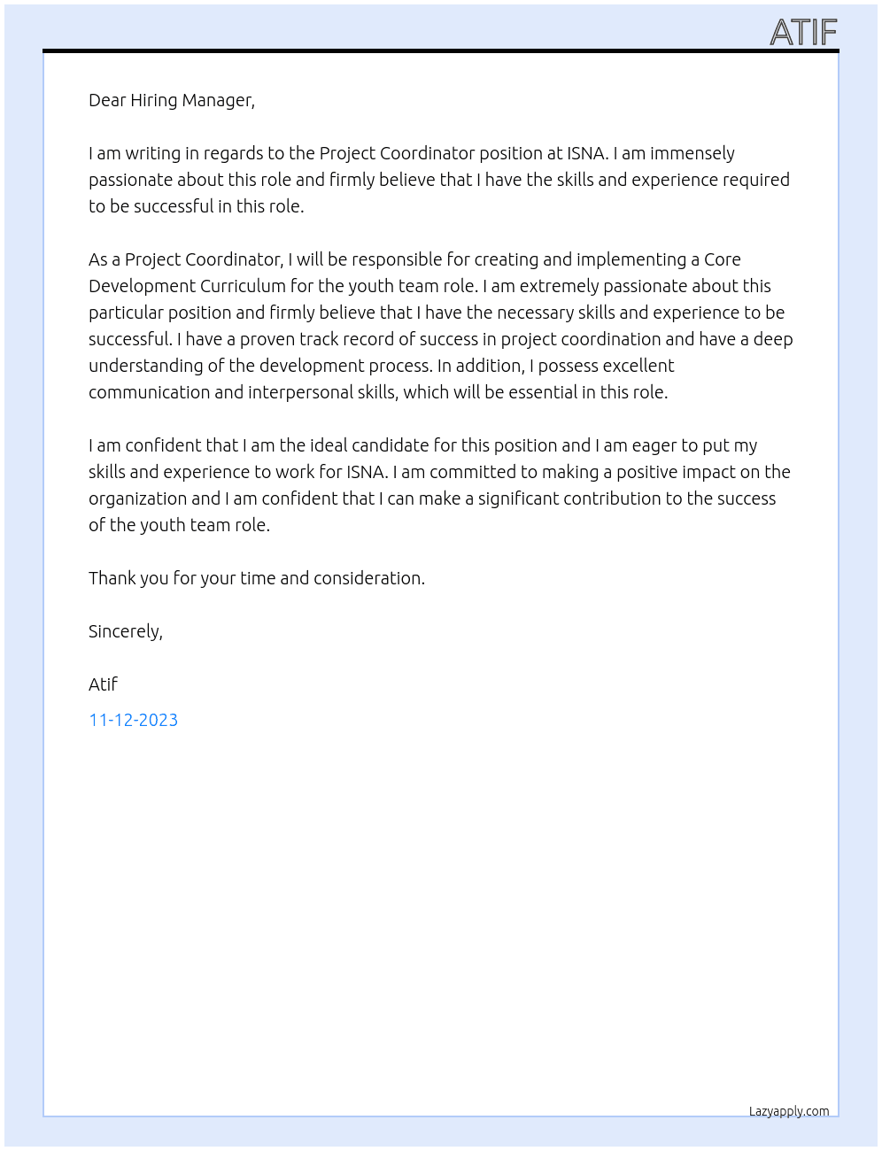 Project Coordinator At ISNA Cover Letter