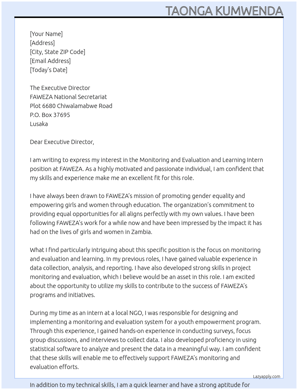 Monitoring and Evaluation and Learning Intern At FAWEZA Cover Letter