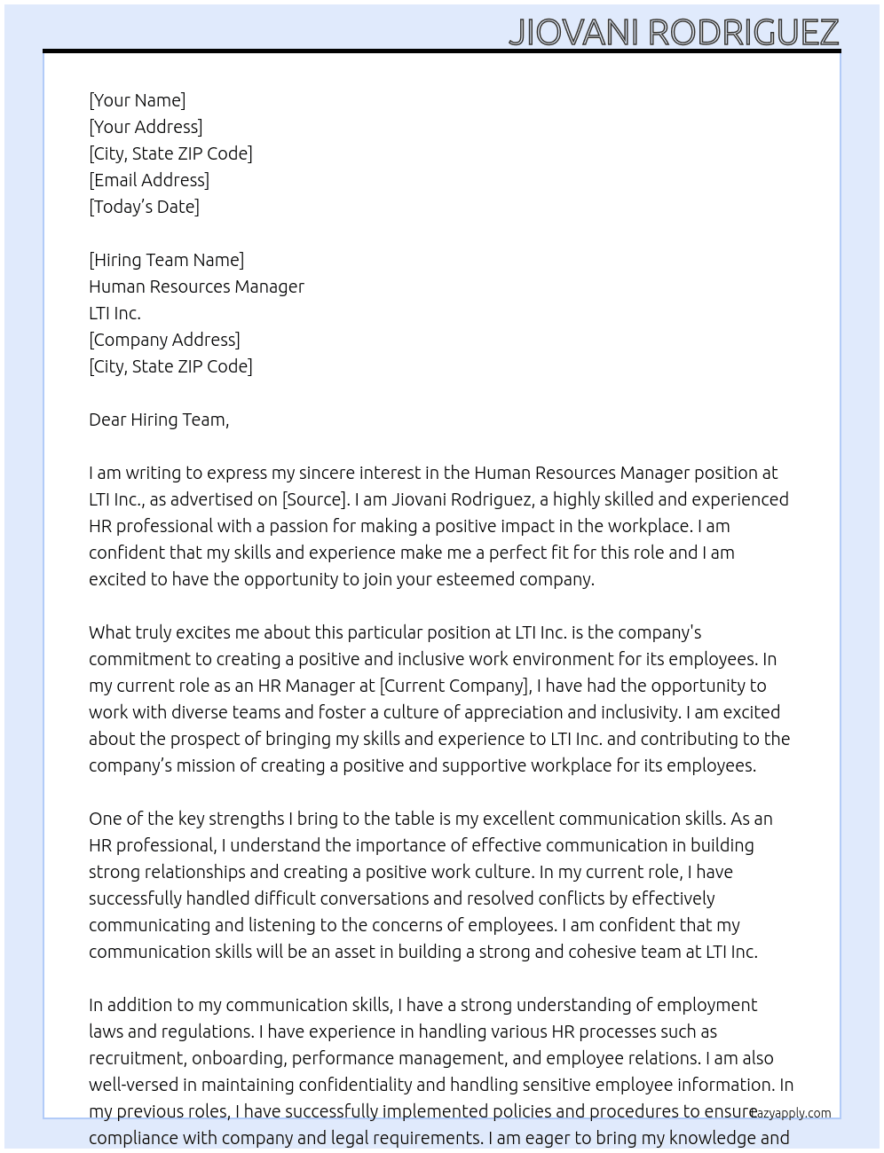 Human resources manager At LTI Inc. Cover Letter