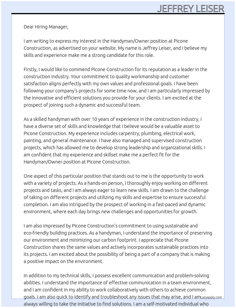 Handyman/owner At Picone construction  Cover Letter