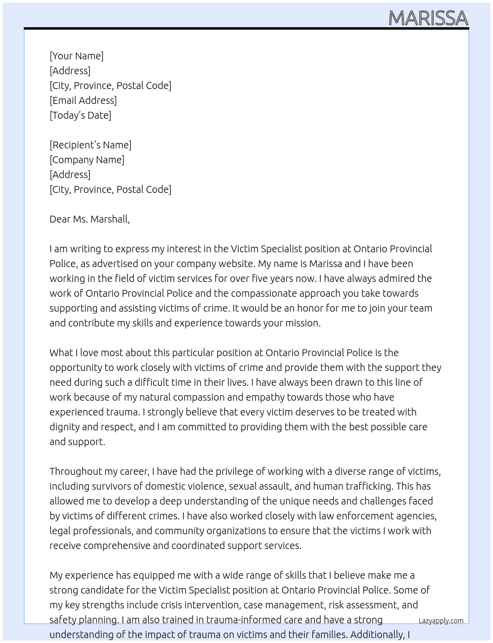 victim specialist At Ontario Provincial Police Cover Letter