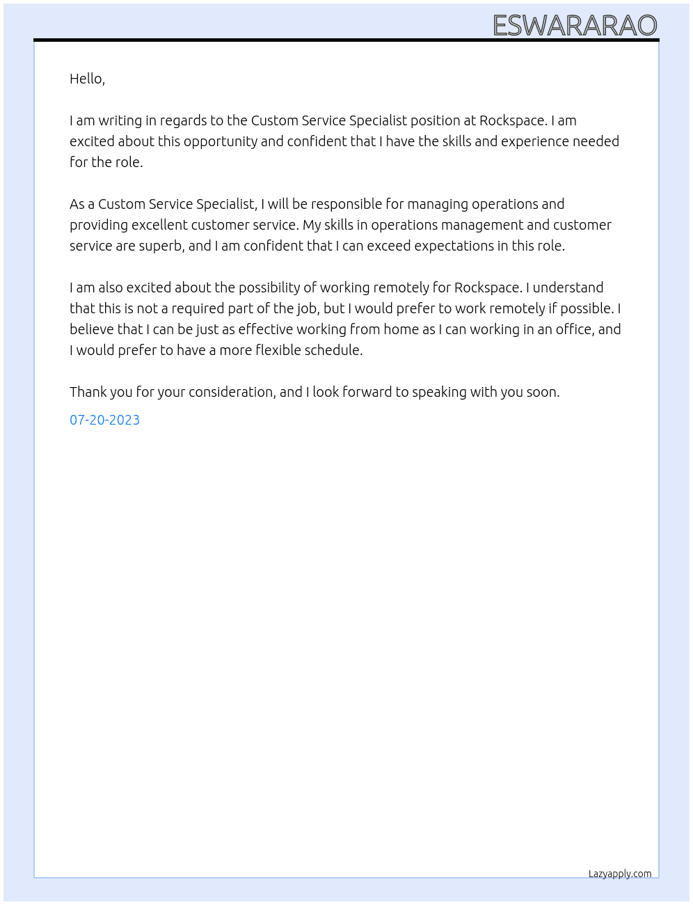 Custom Service Specialist  At Rockspace Cover Letter