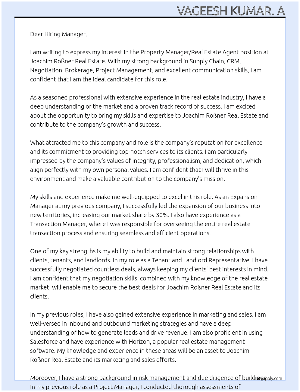 Property manager / Real Estate Agent At Joachim Roßner Real Estate Cover Letter