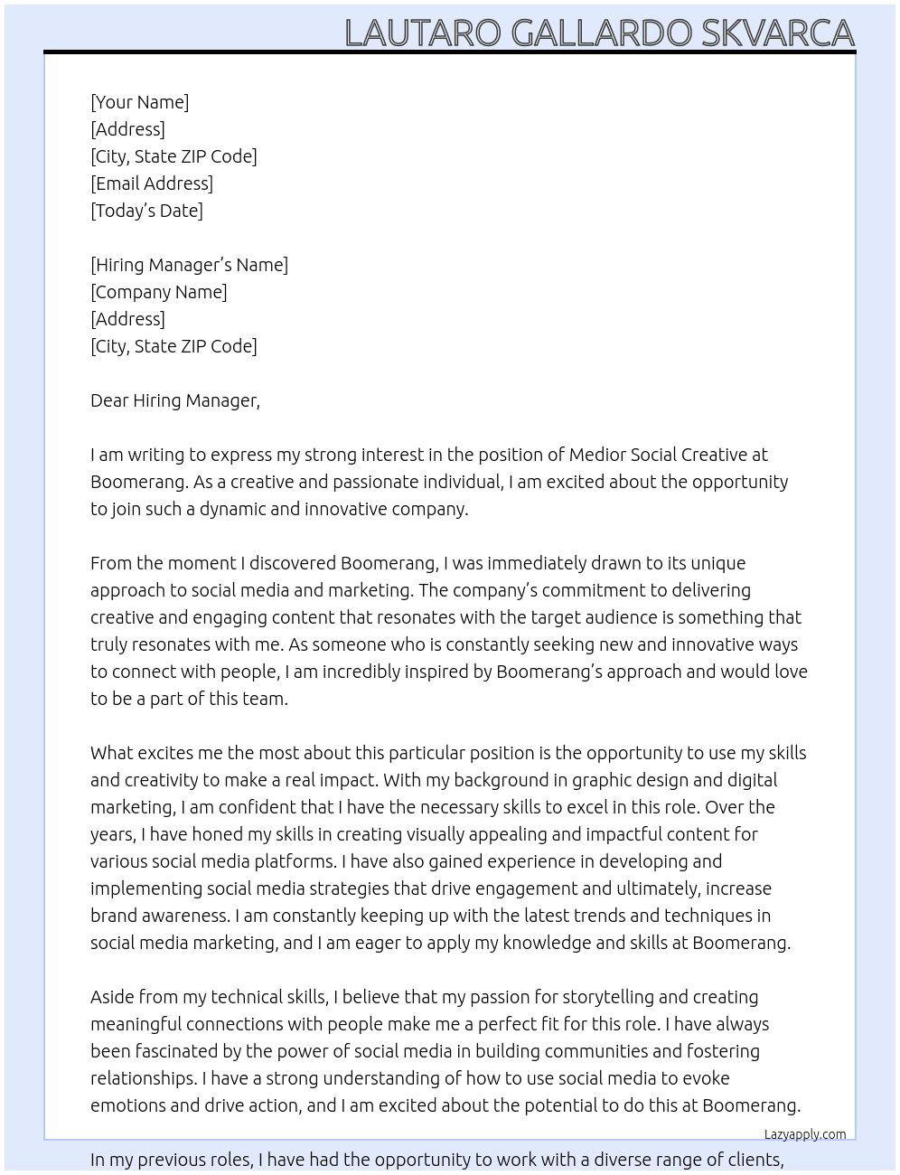 Medior Social Creative At Boomerang Cover Letter