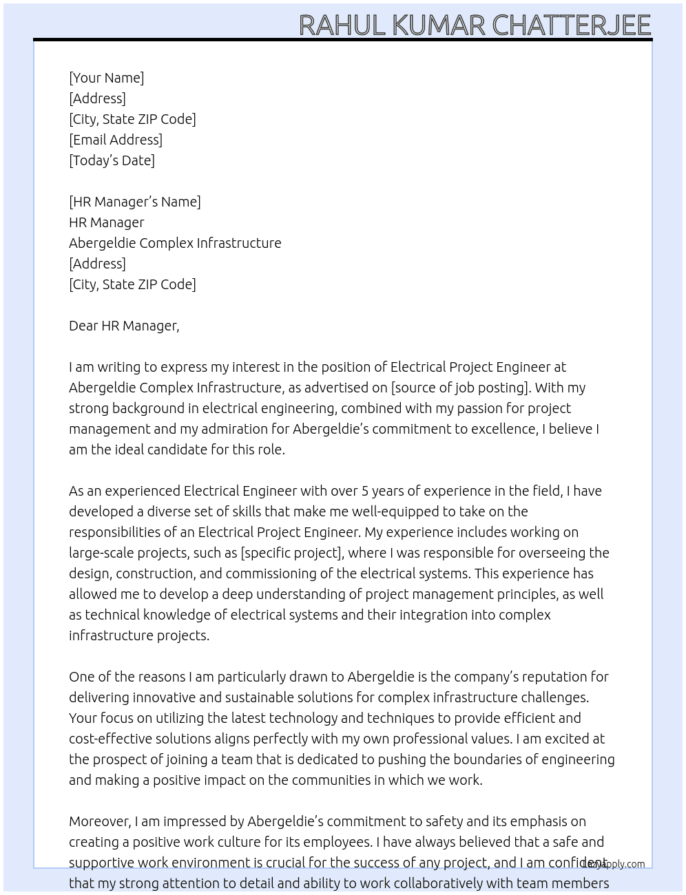 Electrical Project Engineer At Abergeldie Complex Infrastructure Cover Letter