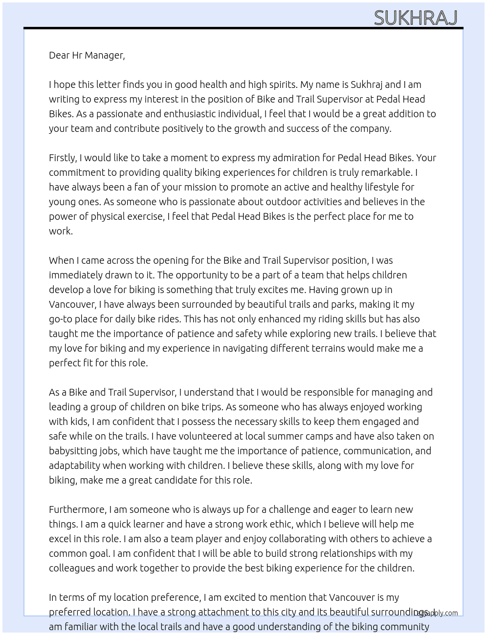 Bike and trail supervisor  At Pedal head bikes Cover Letter