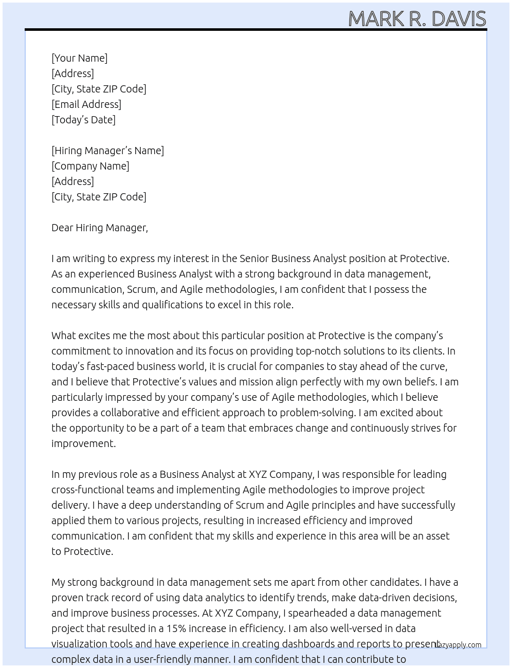 Senior Business Analyst At Protective Cover Letter