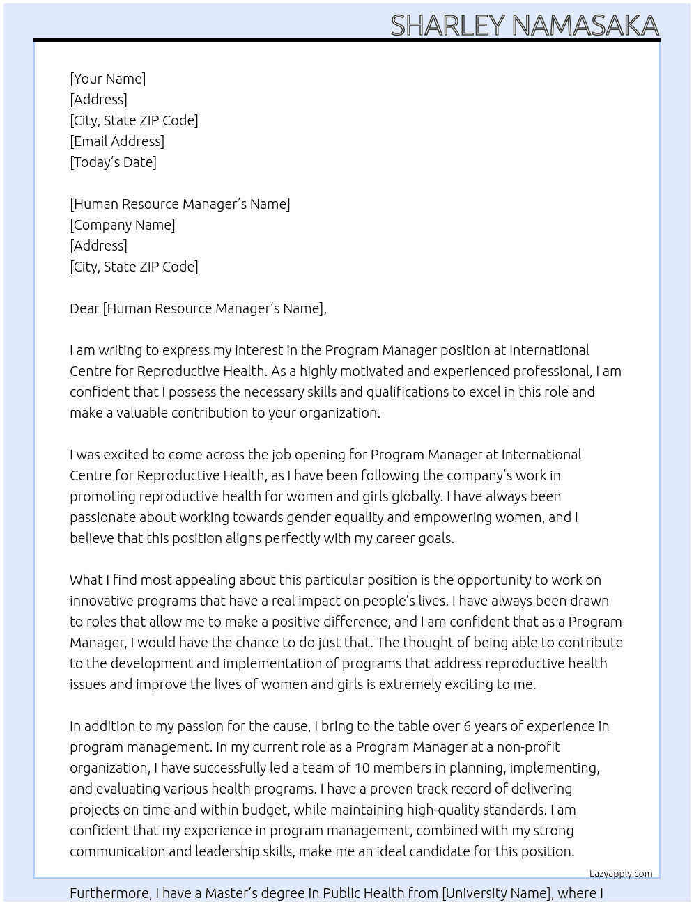 Program Manager  At international centre fore reproductive health Cover Letter