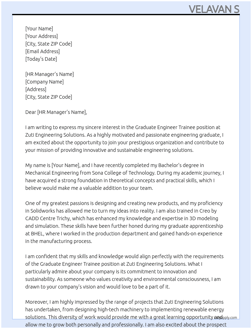 Graduate Engineer Trainee  At Zuti Engineering solution  Cover Letter