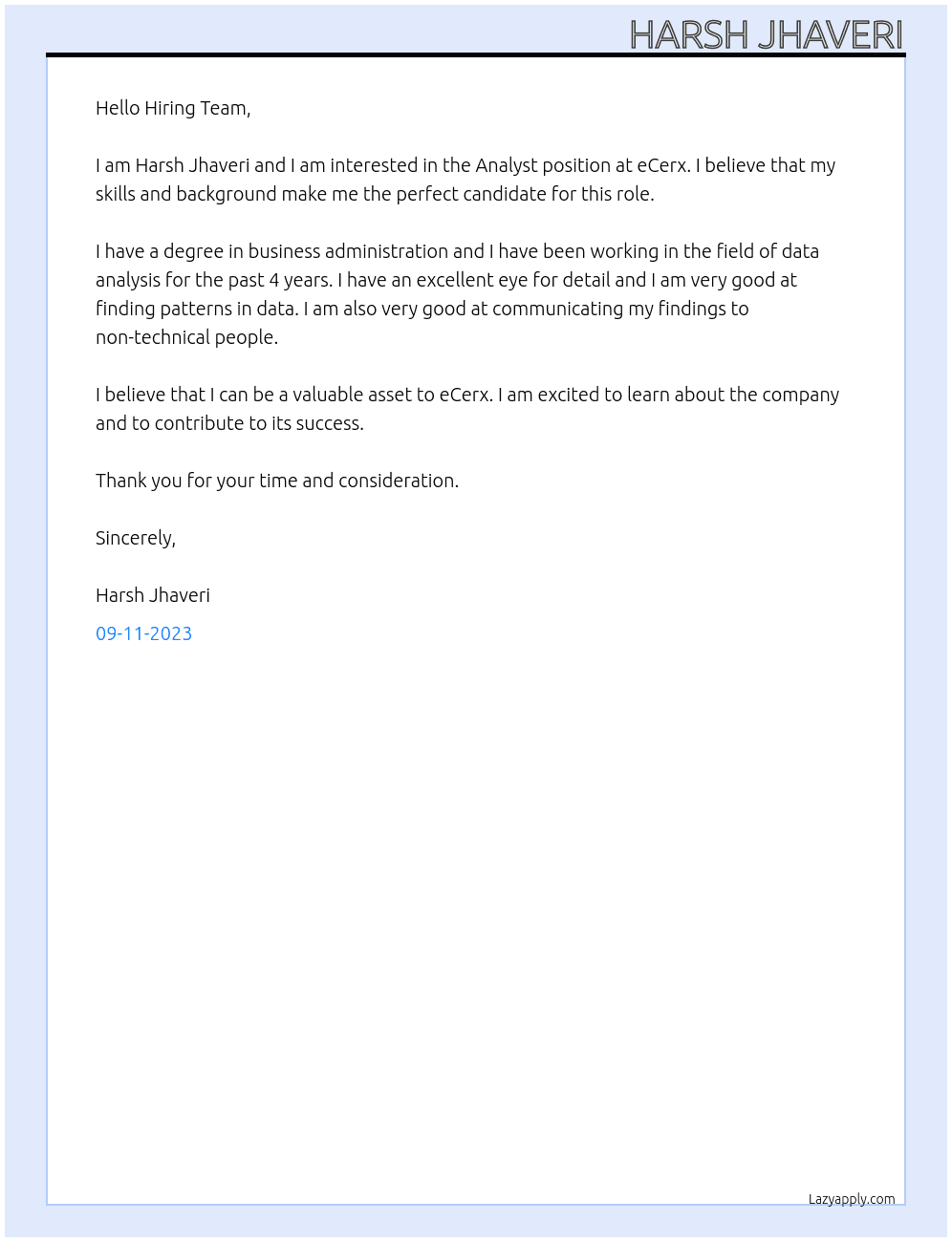 Analyst At eCerx Cover Letter