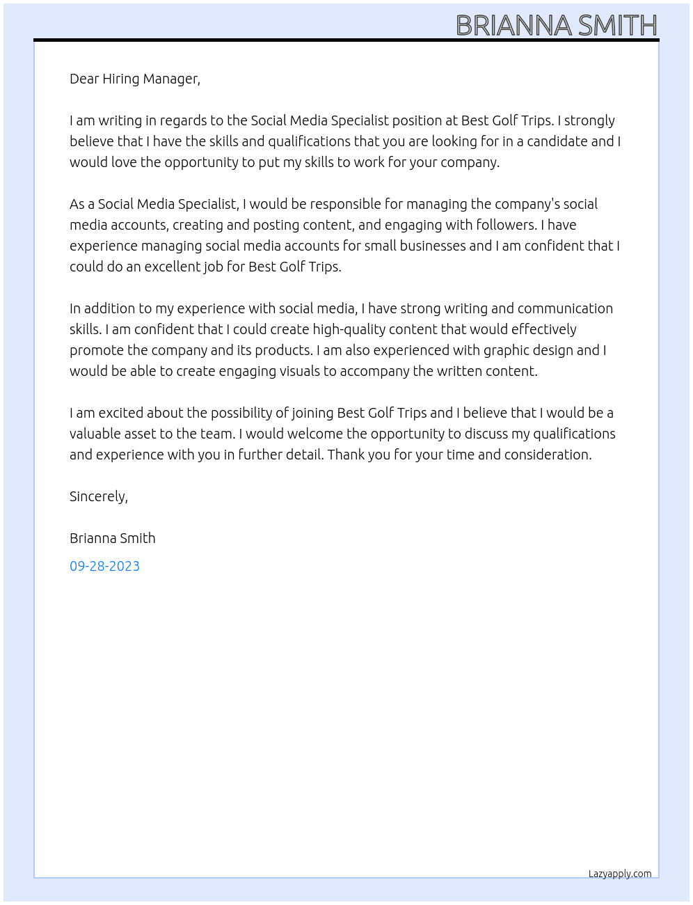 Social Media Specialist At Best Golf Trips Cover Letter
