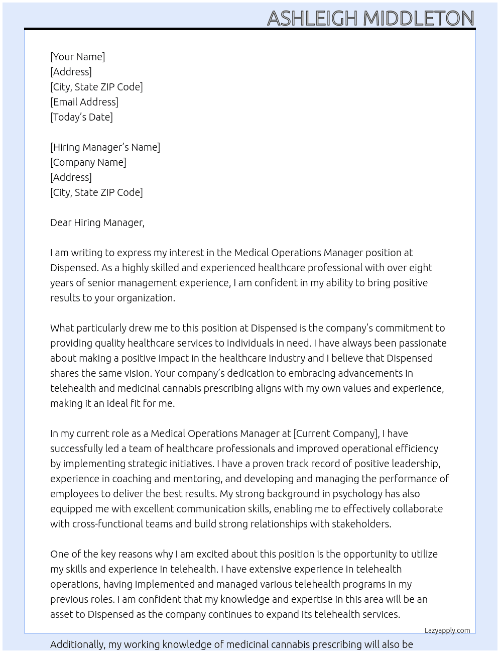 Medical Operations Manager At Dispensed  Cover Letter