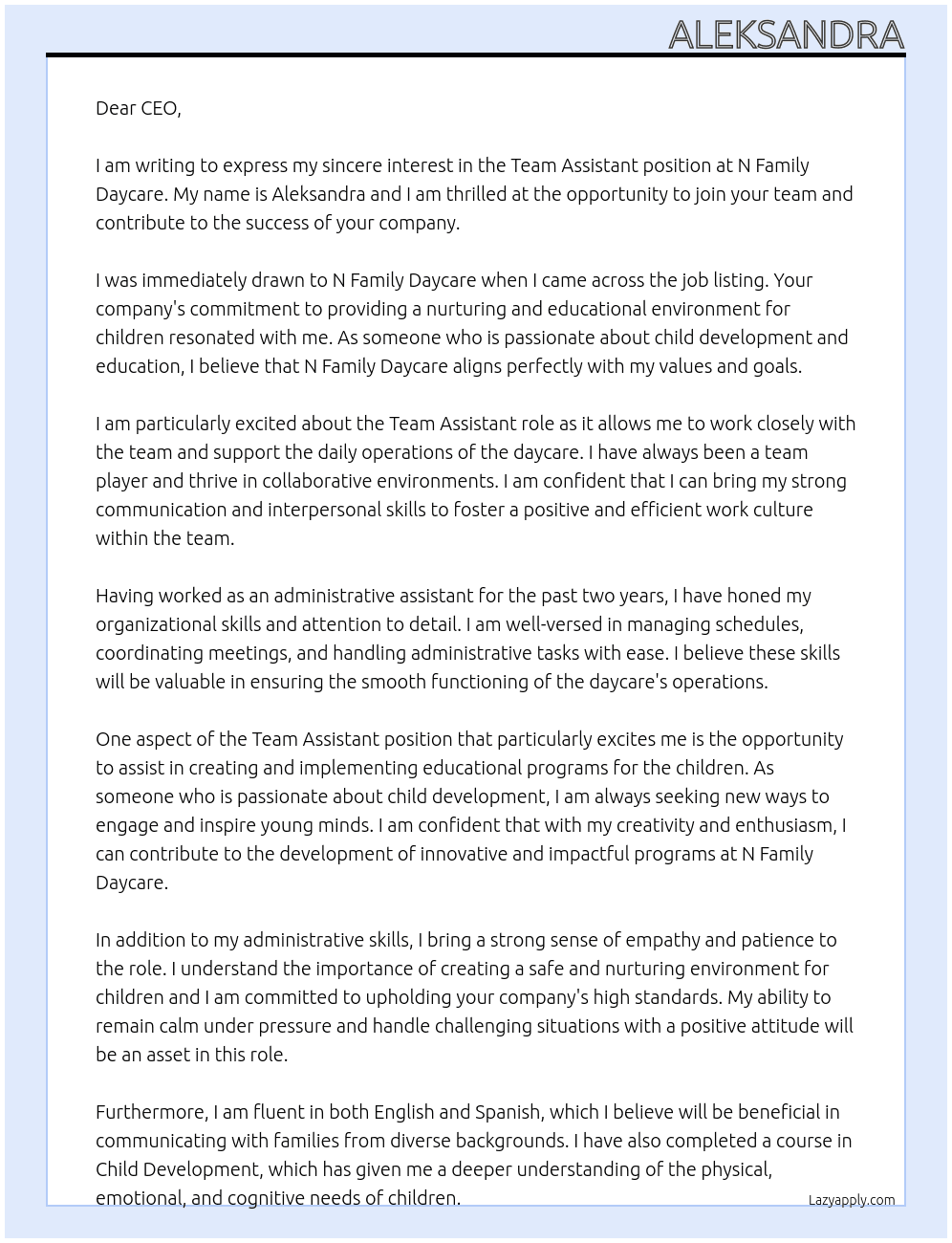 Team assistant At N Famiky Daycare Cover Letter