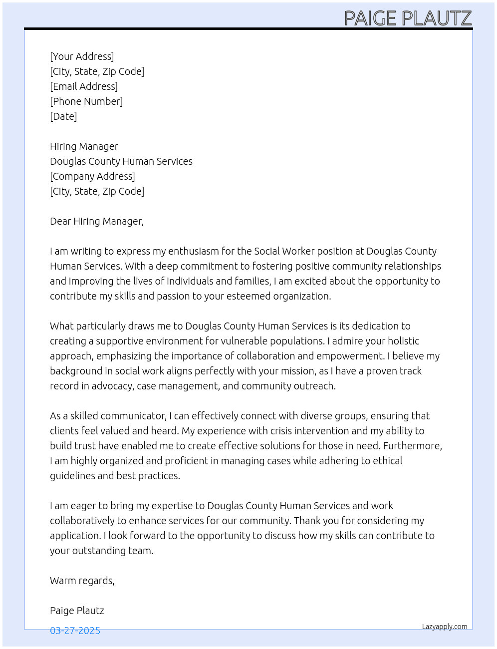 Social Worker At Douglas County Human Services Cover Letter
