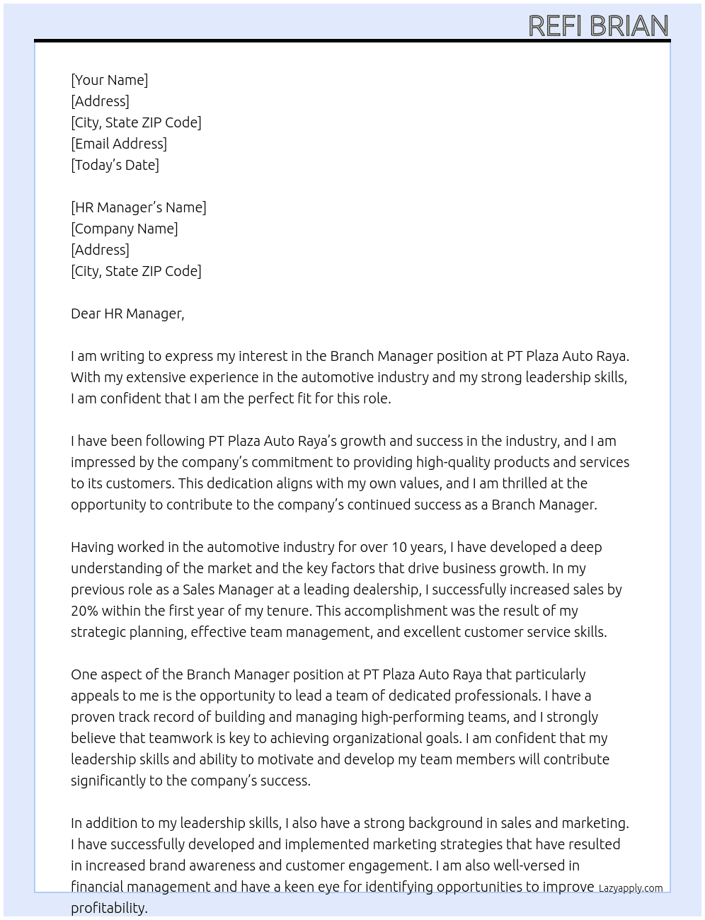 Branch Manager At PT Plaza Auto Raya Cover Letter