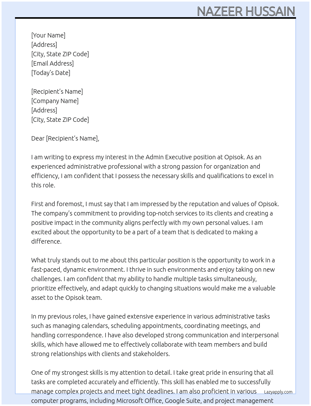 Admin Executive At opisok Cover Letter