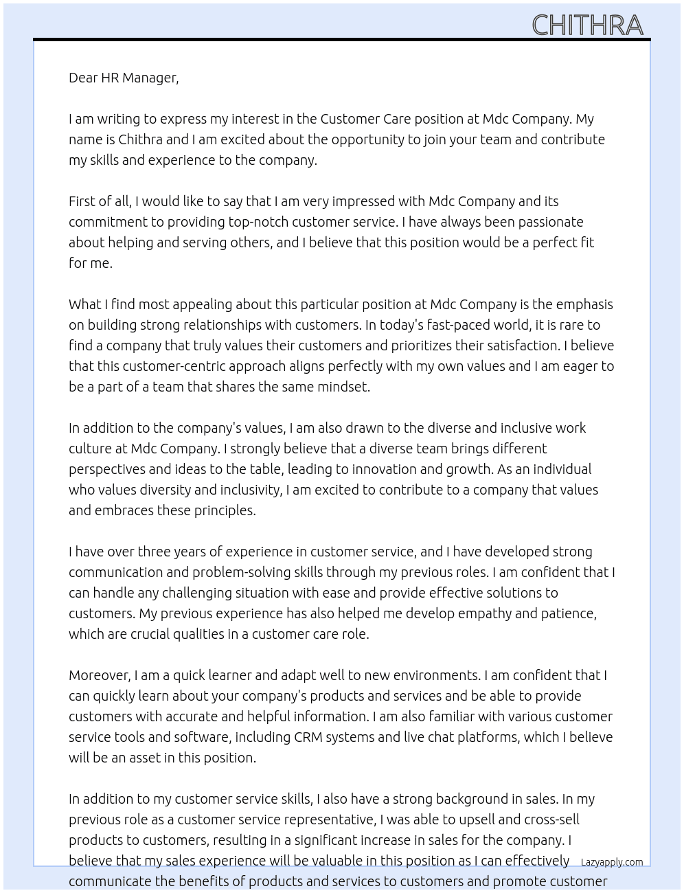 Customer care  At Mdc company  Cover Letter