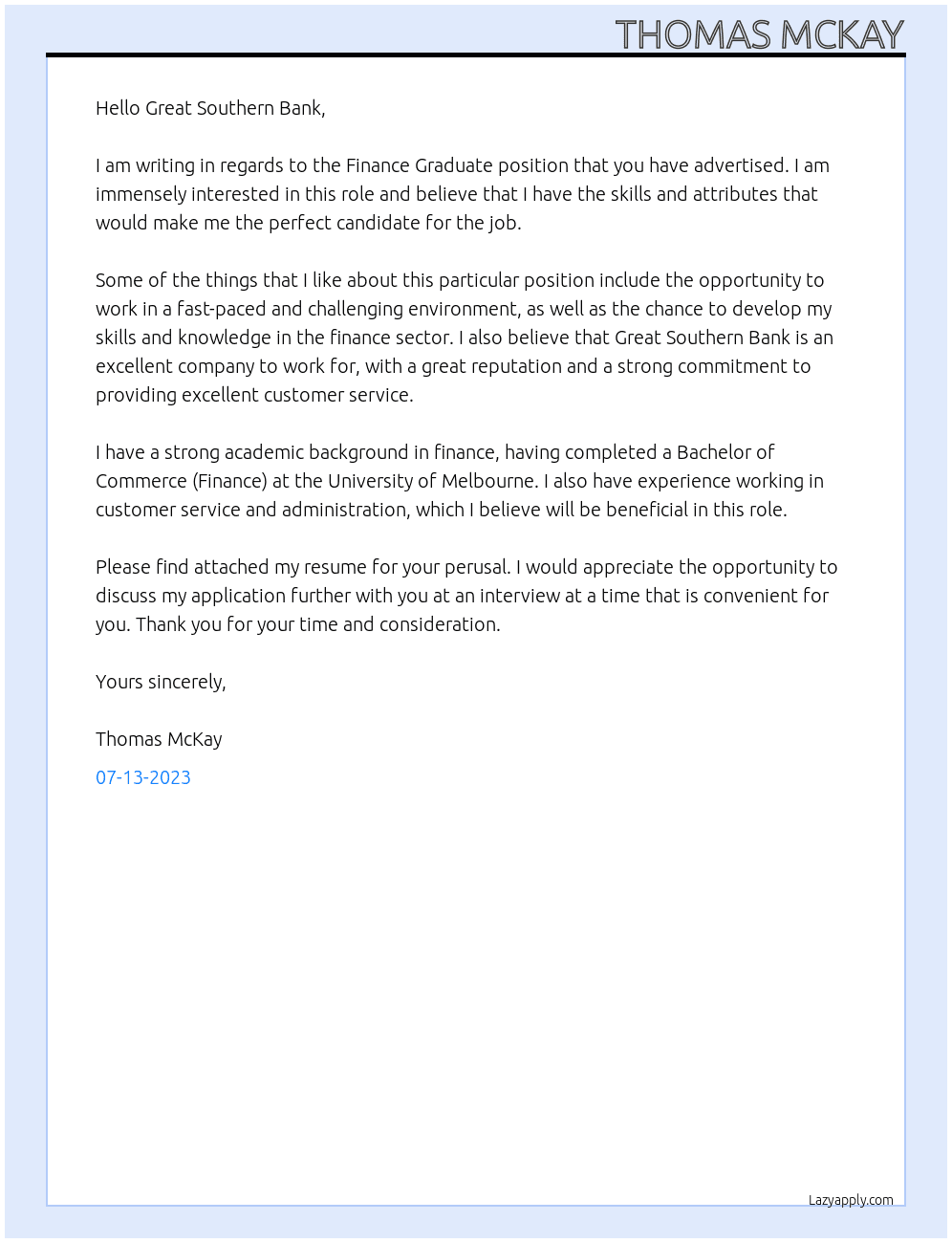 Finance Graduate At Great Southern Bank Cover Letter