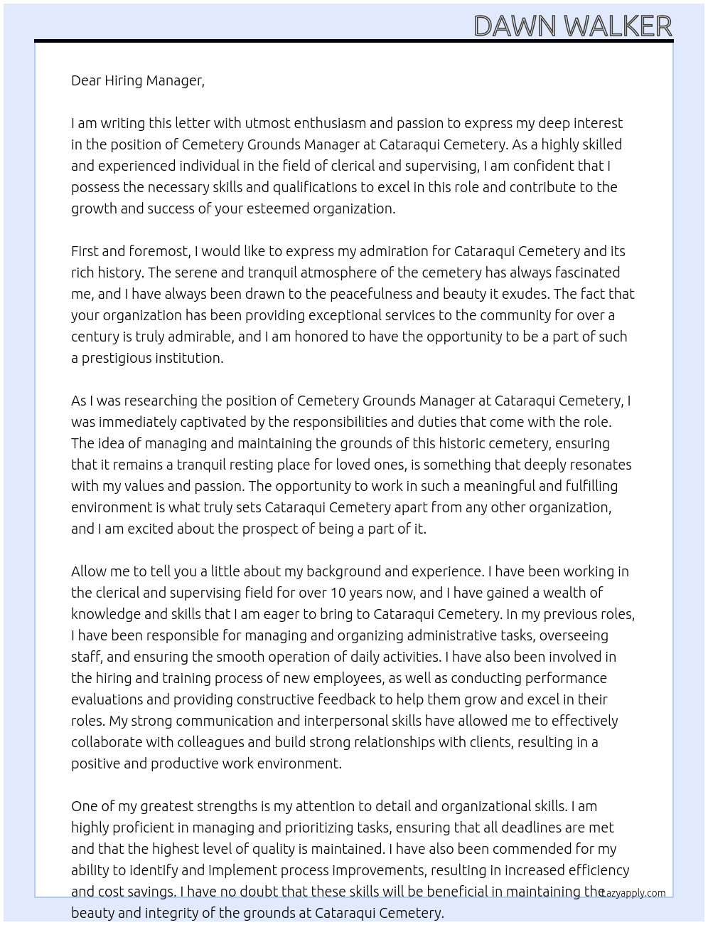 Cemetery Grounds Manager At Cataraqui Cemetary Cover Letter