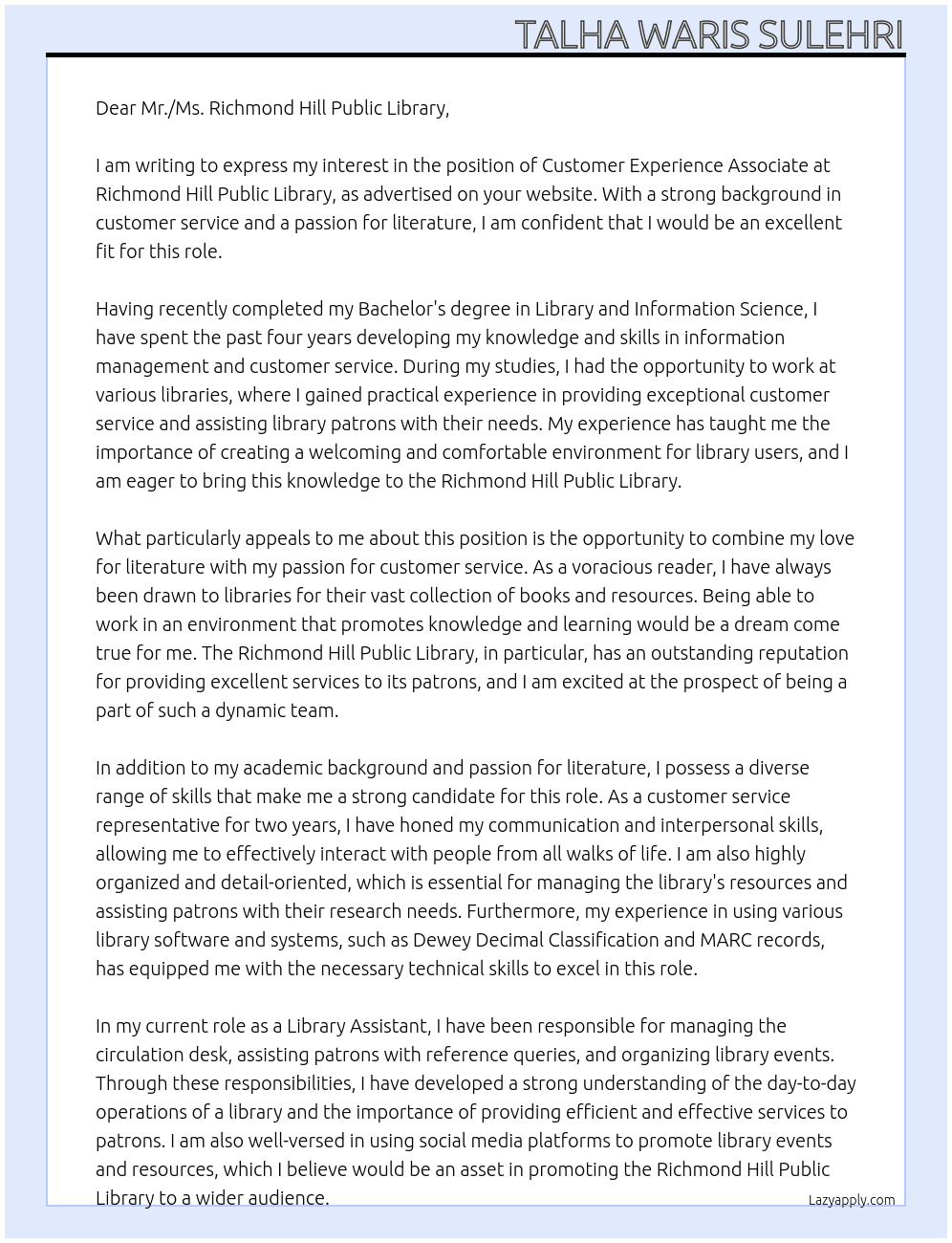 Customer Experience Associate At Richmond Hill Public Library Cover Letter