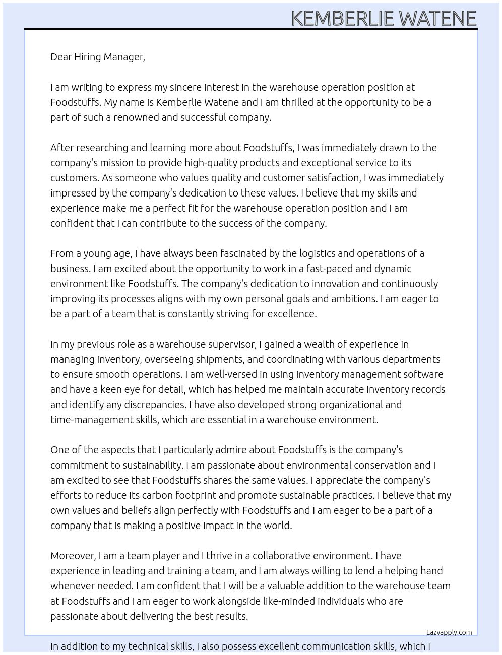 warehouse operation At foodstuffs Cover Letter