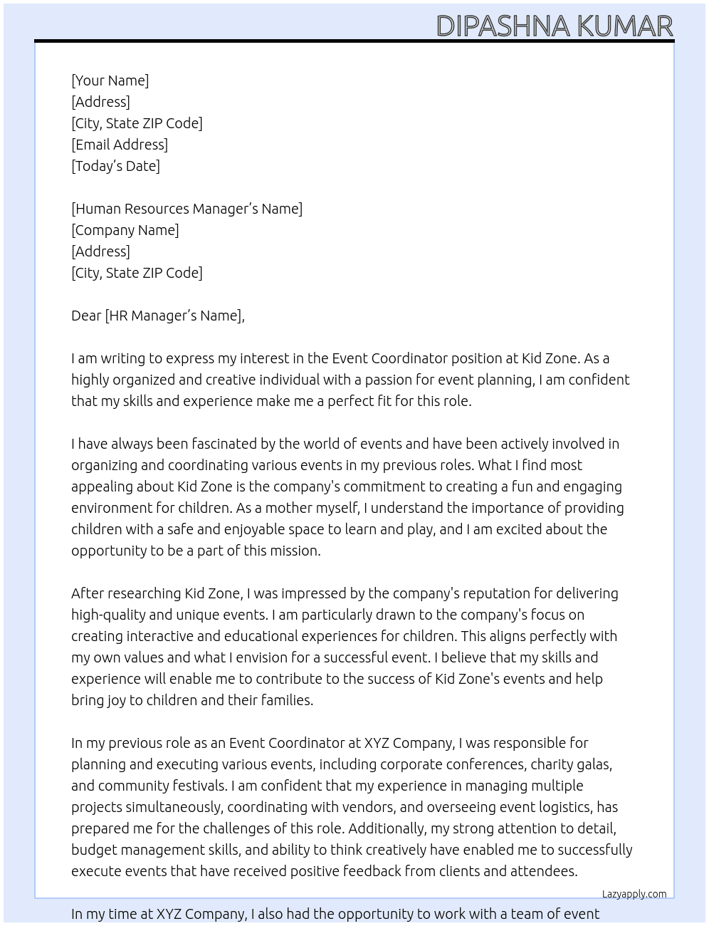 Event coordinator  At Kid zone Cover Letter